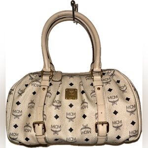 MCM Cream Satchel Bag with Monogram Design